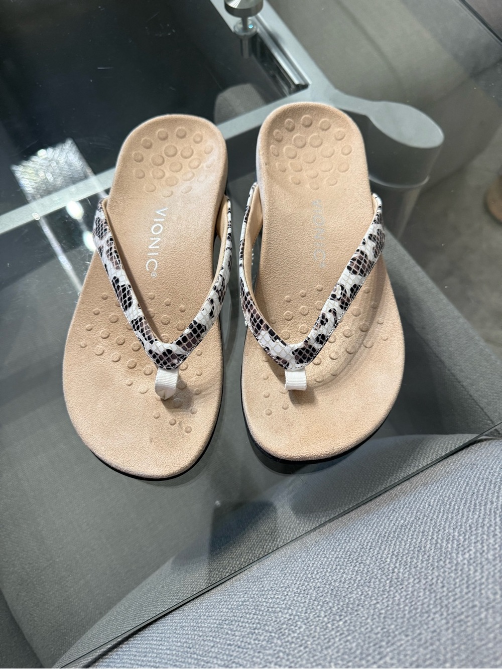 Vionic Beige Sandal with Black & White Snake-Print Straps